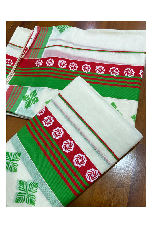 Cotton Set Mundu (Mundum Neriyathum) with Block Prints on Red and Green Border