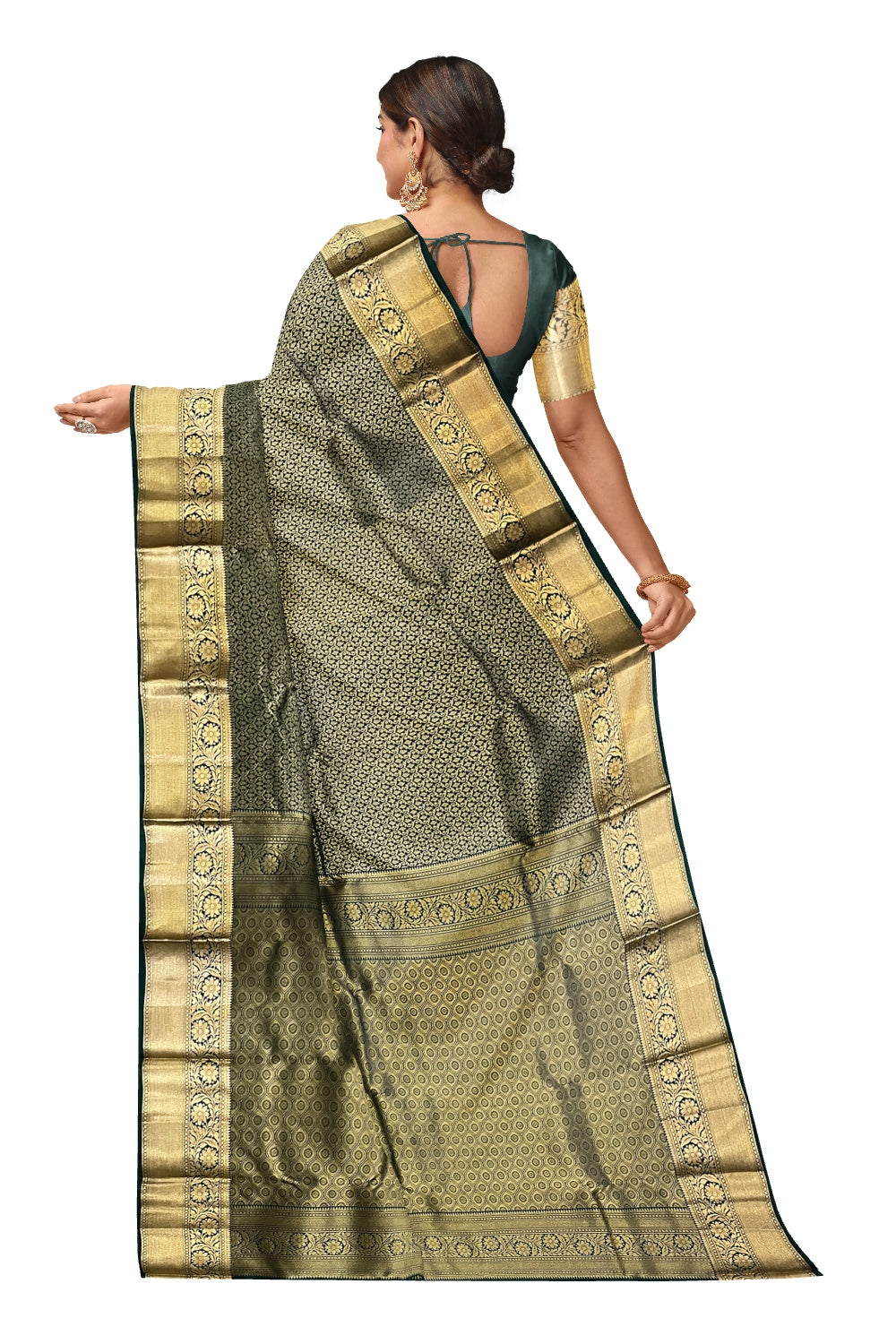 Southloom Double Warp Handloom Pure Silk Kanchipuram Dark Green Manthrakodi Saree with Kasavu Woven Works