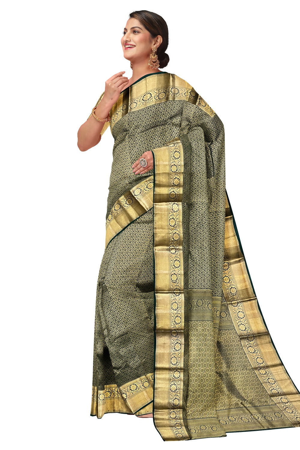 Southloom Double Warp Handloom Pure Silk Kanchipuram Dark Green Manthrakodi Saree with Kasavu Woven Works