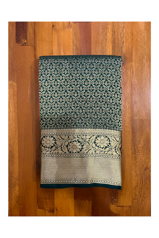 Southloom Double Warp Handloom Pure Silk Kanchipuram Dark Green Manthrakodi Saree with Kasavu Woven Works