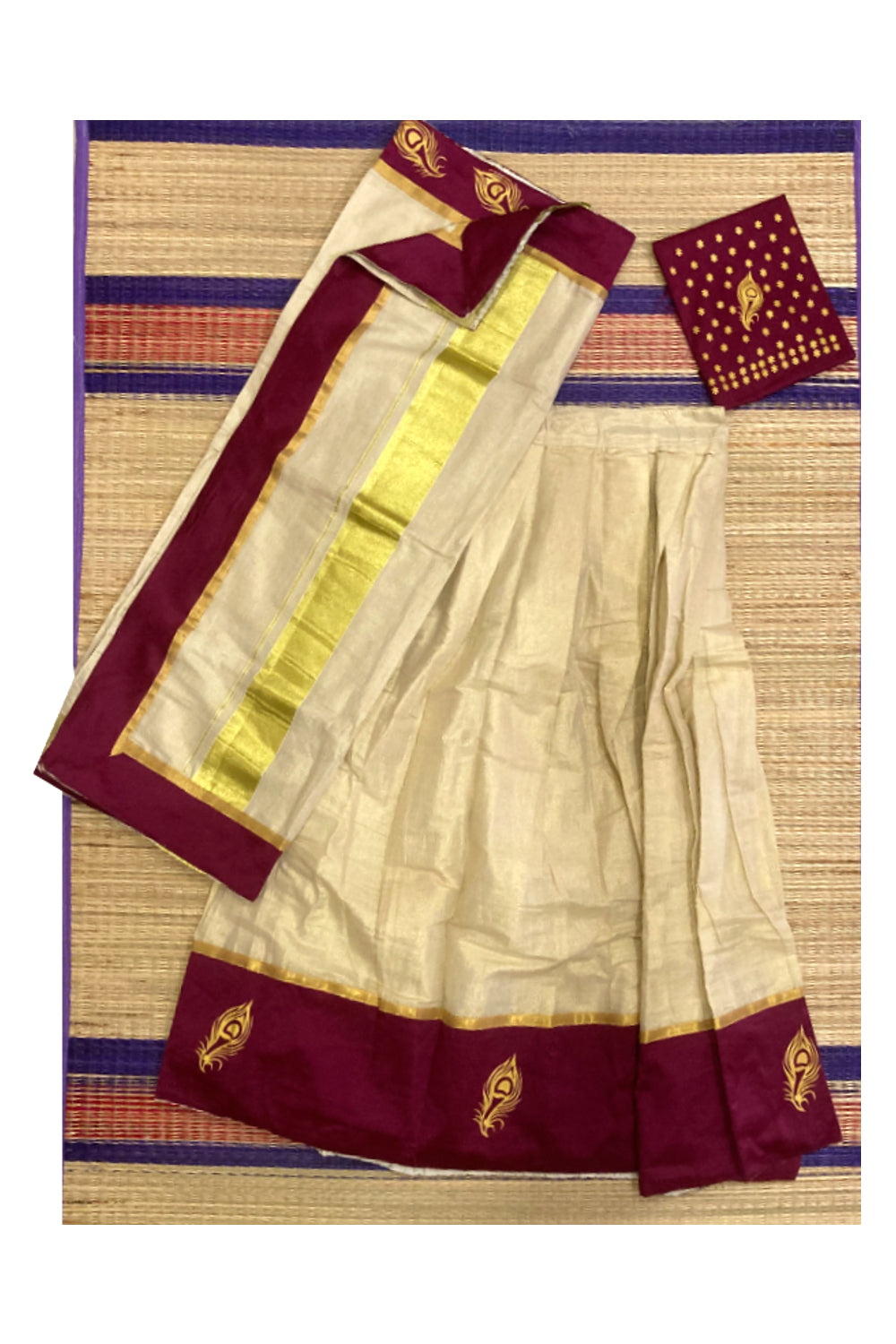 Semi Stitched Dhavani Set with Tissue Pavada and Maroon Designer ...