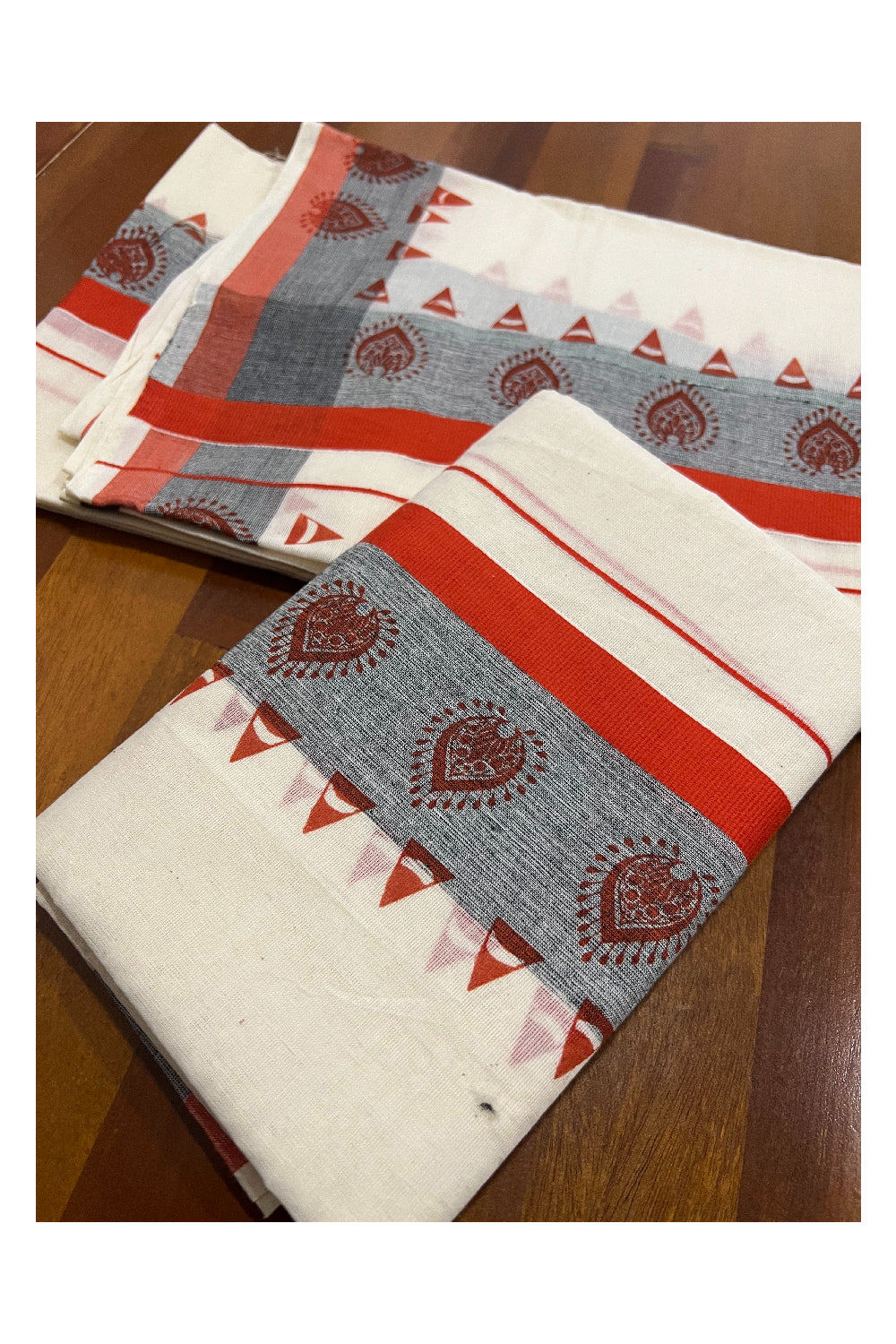 Kerala Cotton Set Mundu (Mundum Neriyathum) with Orange Block Prints on Border