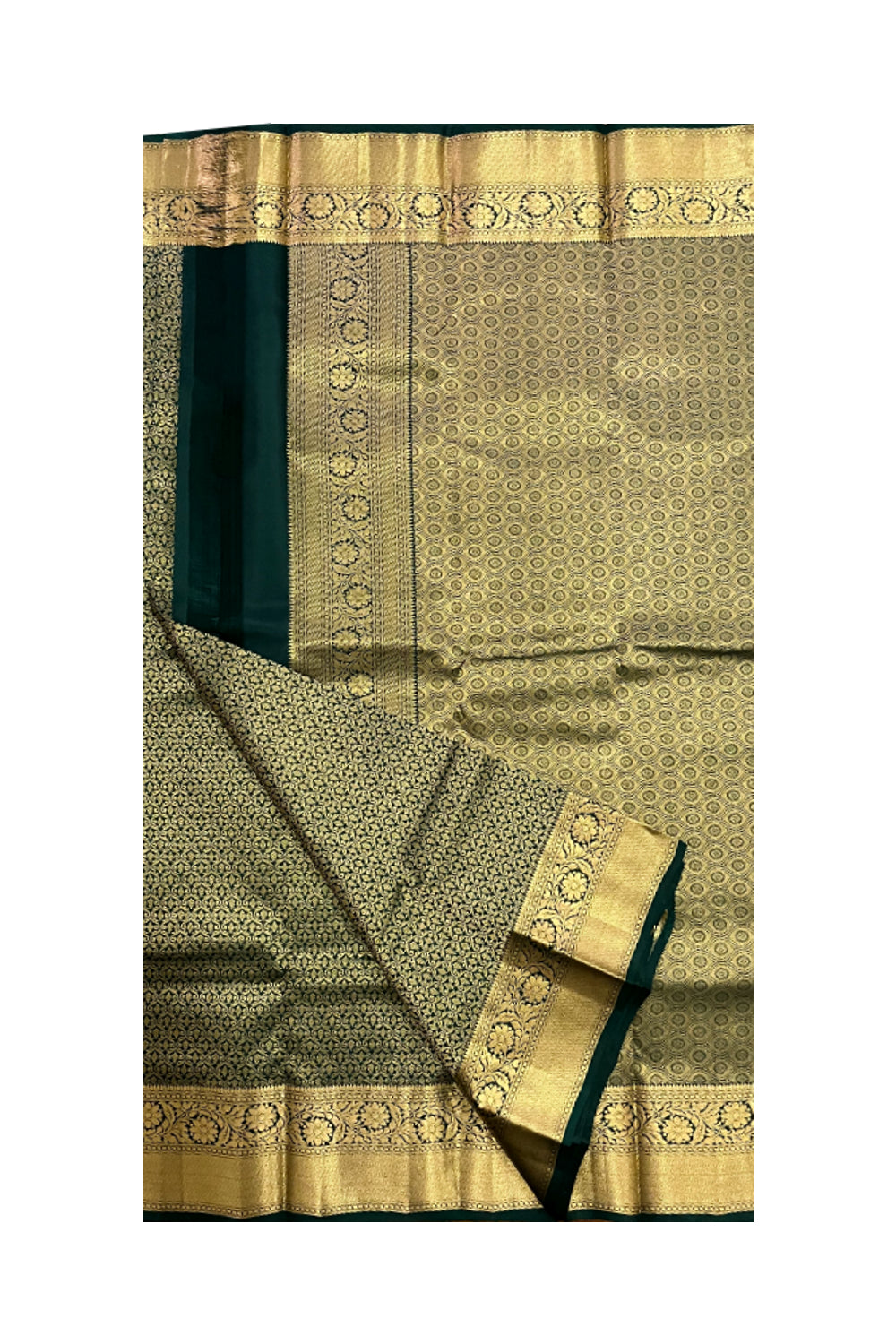 Southloom Double Warp Handloom Pure Silk Kanchipuram Dark Green Manthrakodi Saree with Kasavu Woven Works