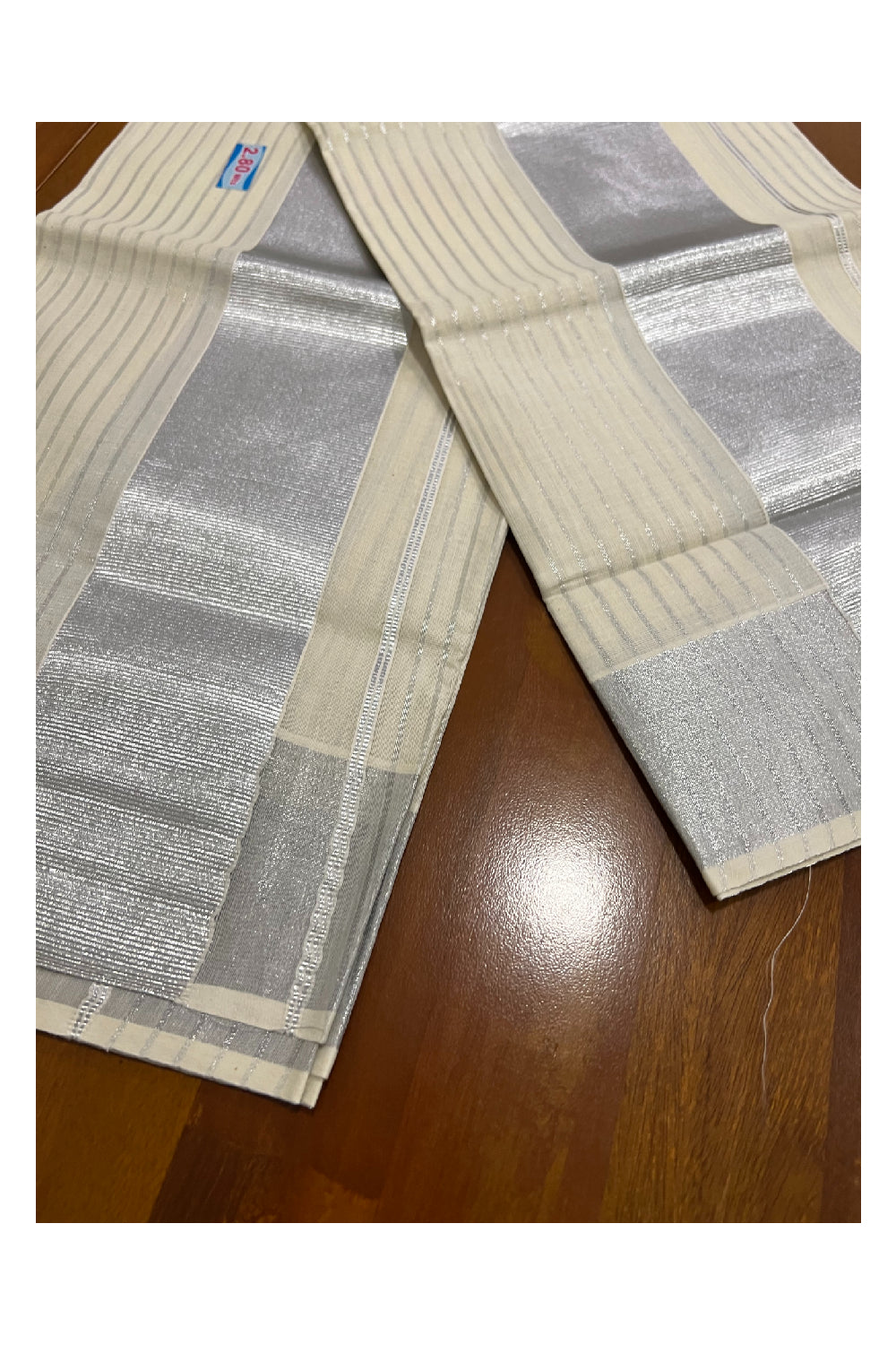 Kerala Cotton Set Mundu (Mundum Neriyathum) with Silver Kasavu Lines on Body 2.80 Mtrs