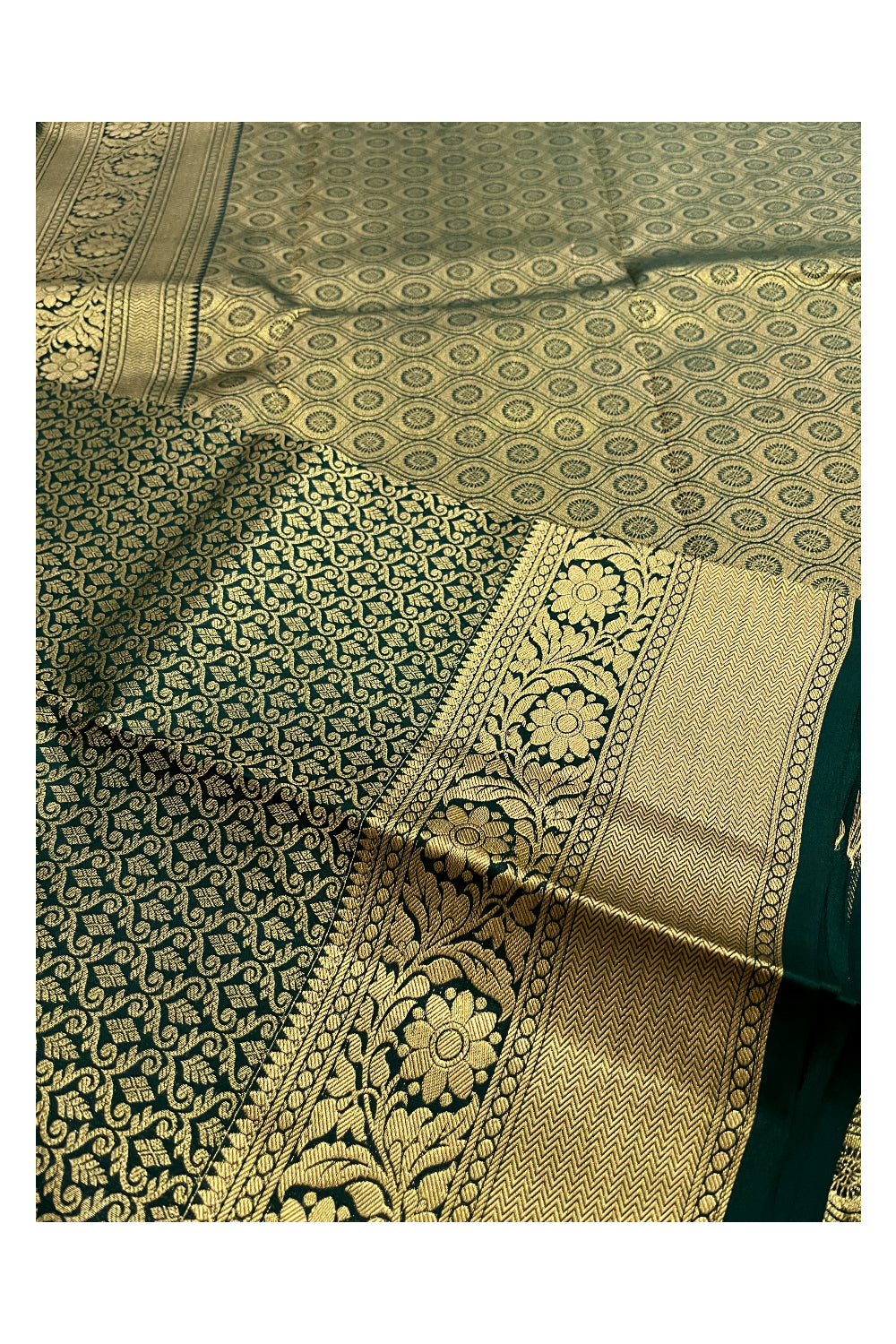 Southloom Double Warp Handloom Pure Silk Kanchipuram Dark Green Manthrakodi Saree with Kasavu Woven Works