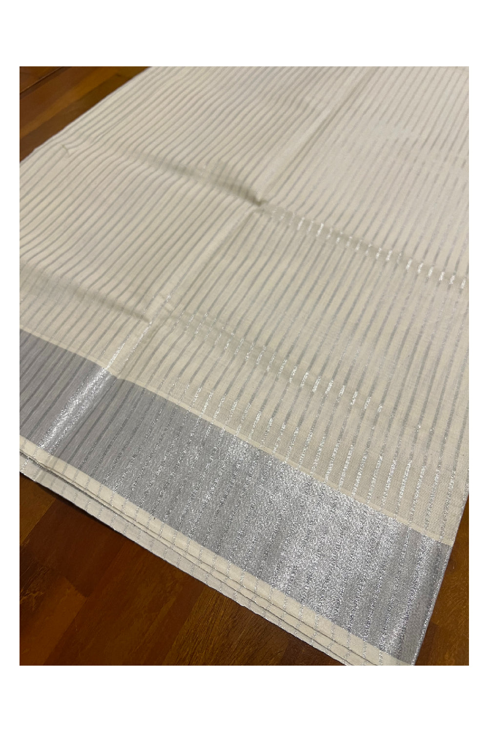 Kerala Cotton Set Mundu (Mundum Neriyathum) with Silver Kasavu Lines on Body 2.80 Mtrs