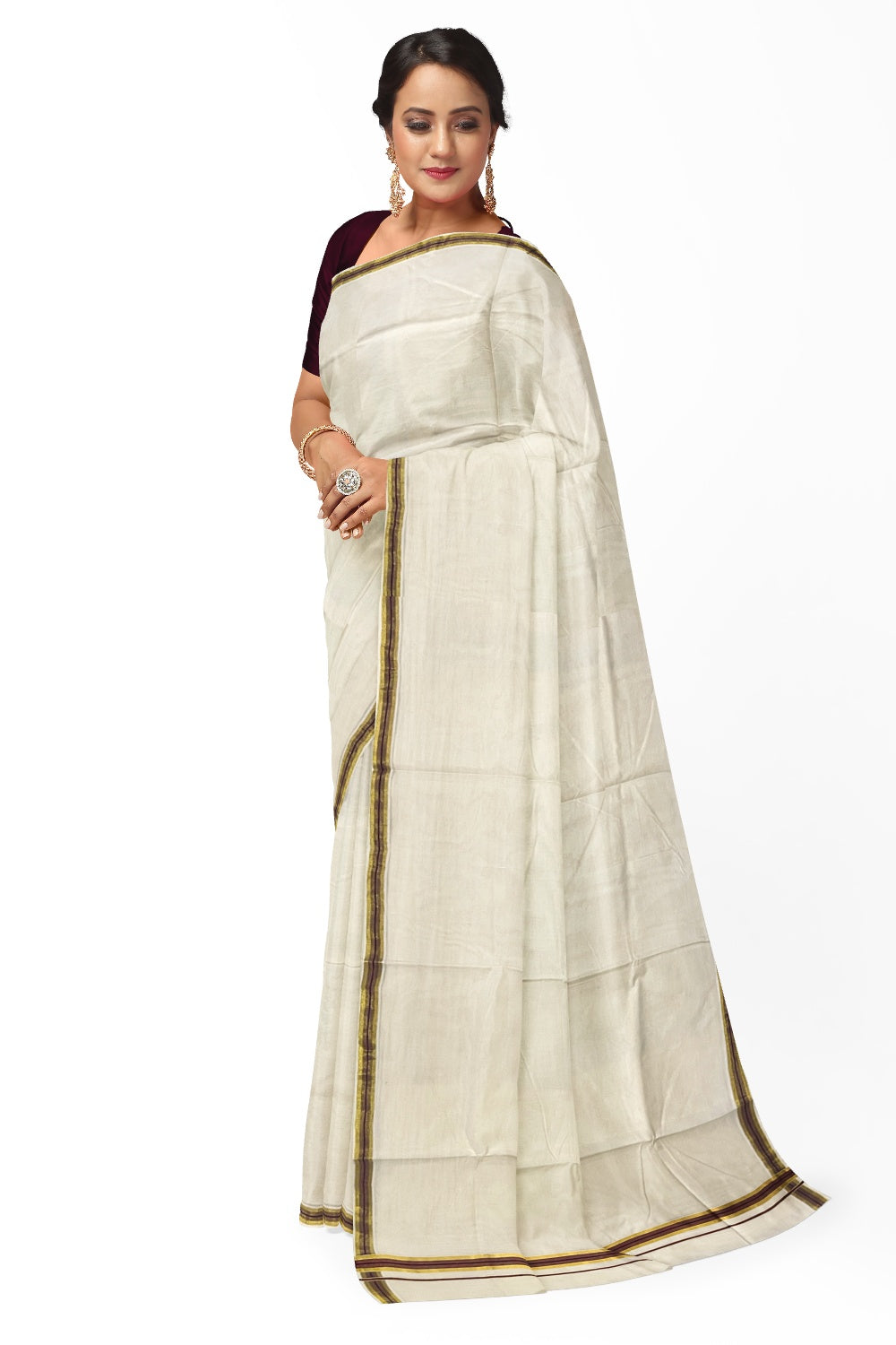 Kerala Pure Cotton Plain Saree with Kasavu and Purple Border