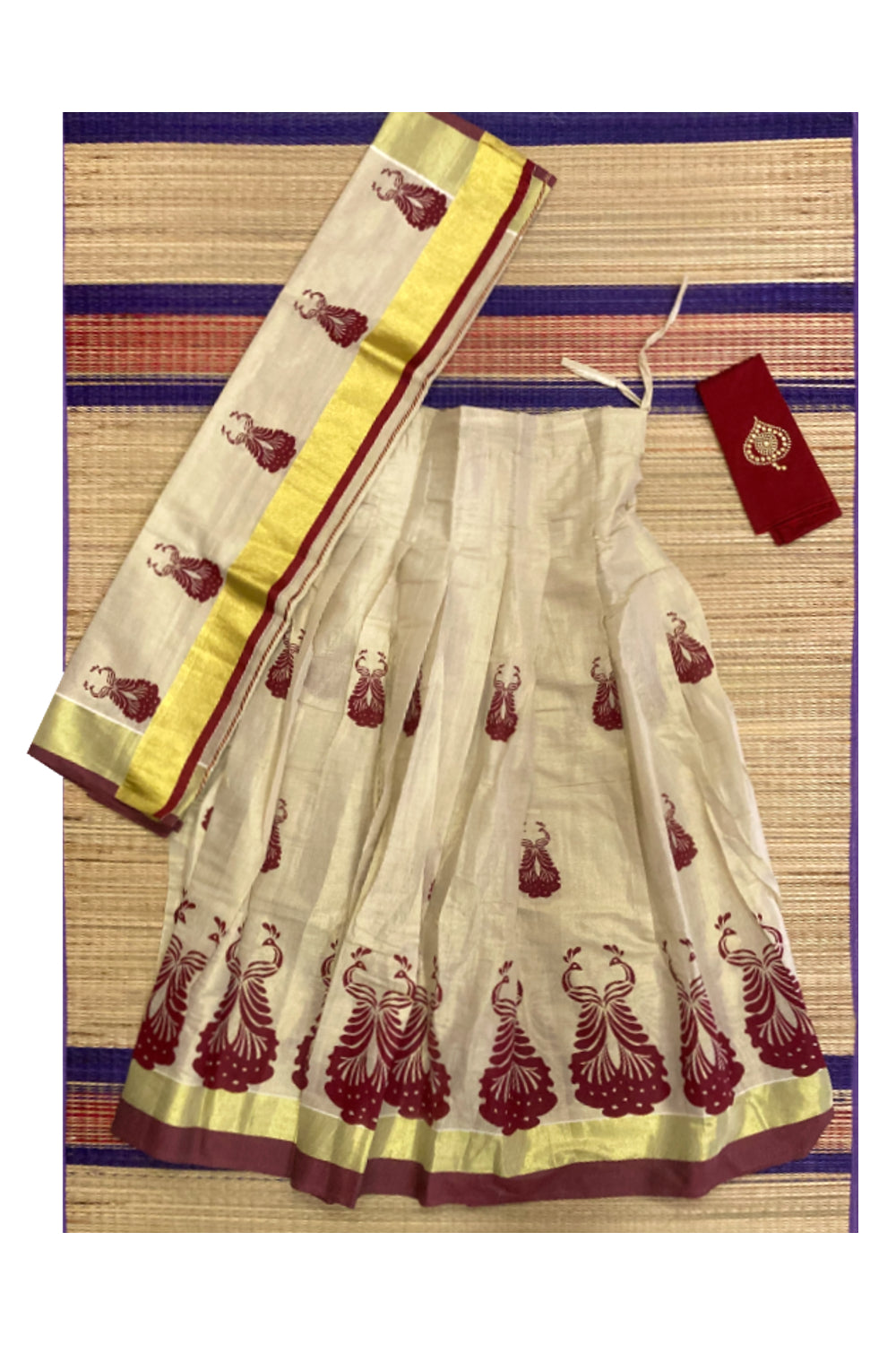 Semi Stitched Dhavani Set with Tissue Printed Pavada and Maroon ...