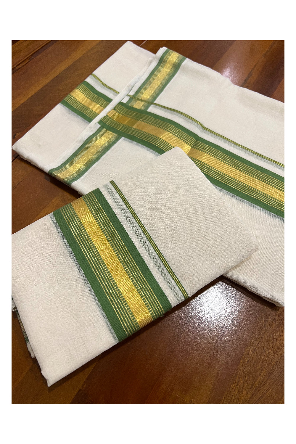 Southloom Premium Handloom Set Mundu with Kasavu and Green Border 2.70 Mtrs