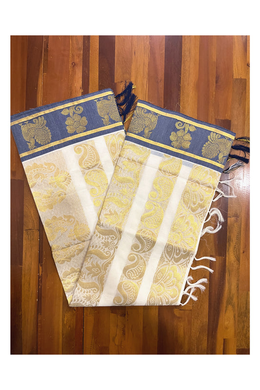 Kerala Kasavu Heavy Woven Work Cotton Saree with Blue Border