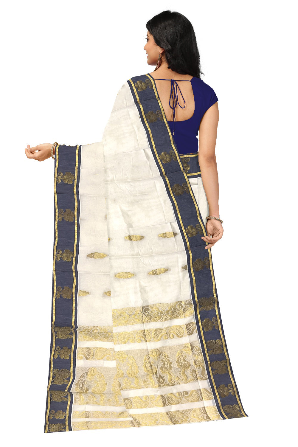 Kerala Kasavu Heavy Woven Work Cotton Saree with Blue Border