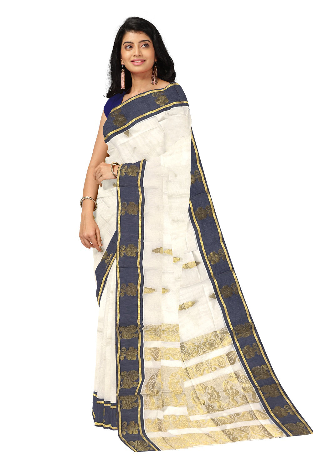 Kerala Kasavu Heavy Woven Work Cotton Saree with Blue Border