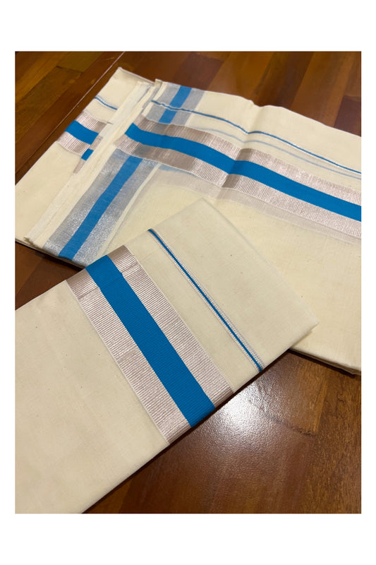 Kerala Cotton Mundum Neriyathum Single (Set Mundu) with Light Blue and Silver Kasavu Border 2.80 Mtrs