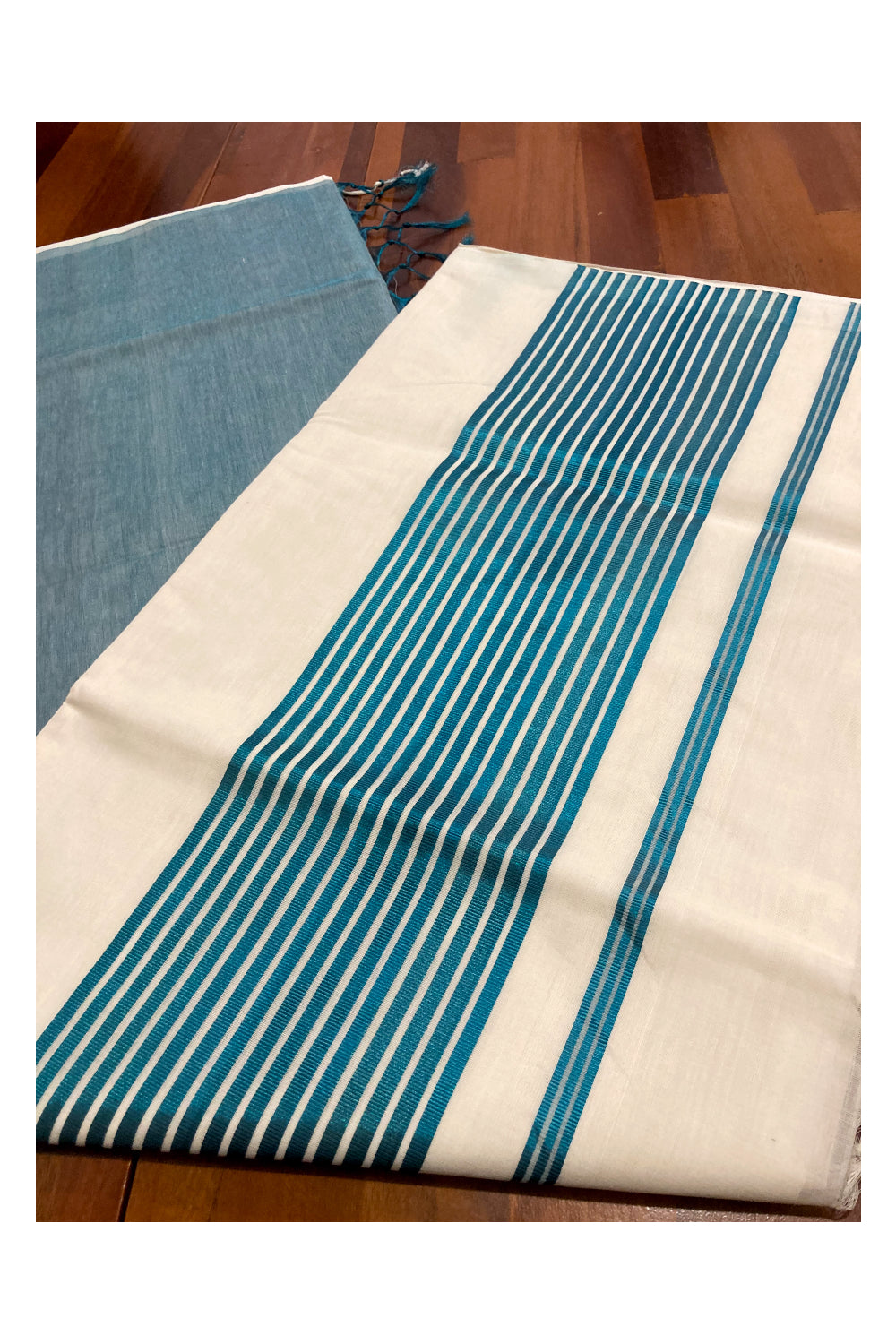 Southloom™ Premium Handloom Half & Half (Cotton / Tissue) Kerala Saree with Teal Blue Kasavu Pallu