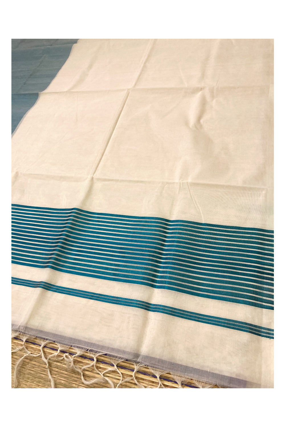 Southloom™ Premium Handloom Half & Half (Cotton / Tissue) Kerala Saree with Teal Blue Kasavu Pallu