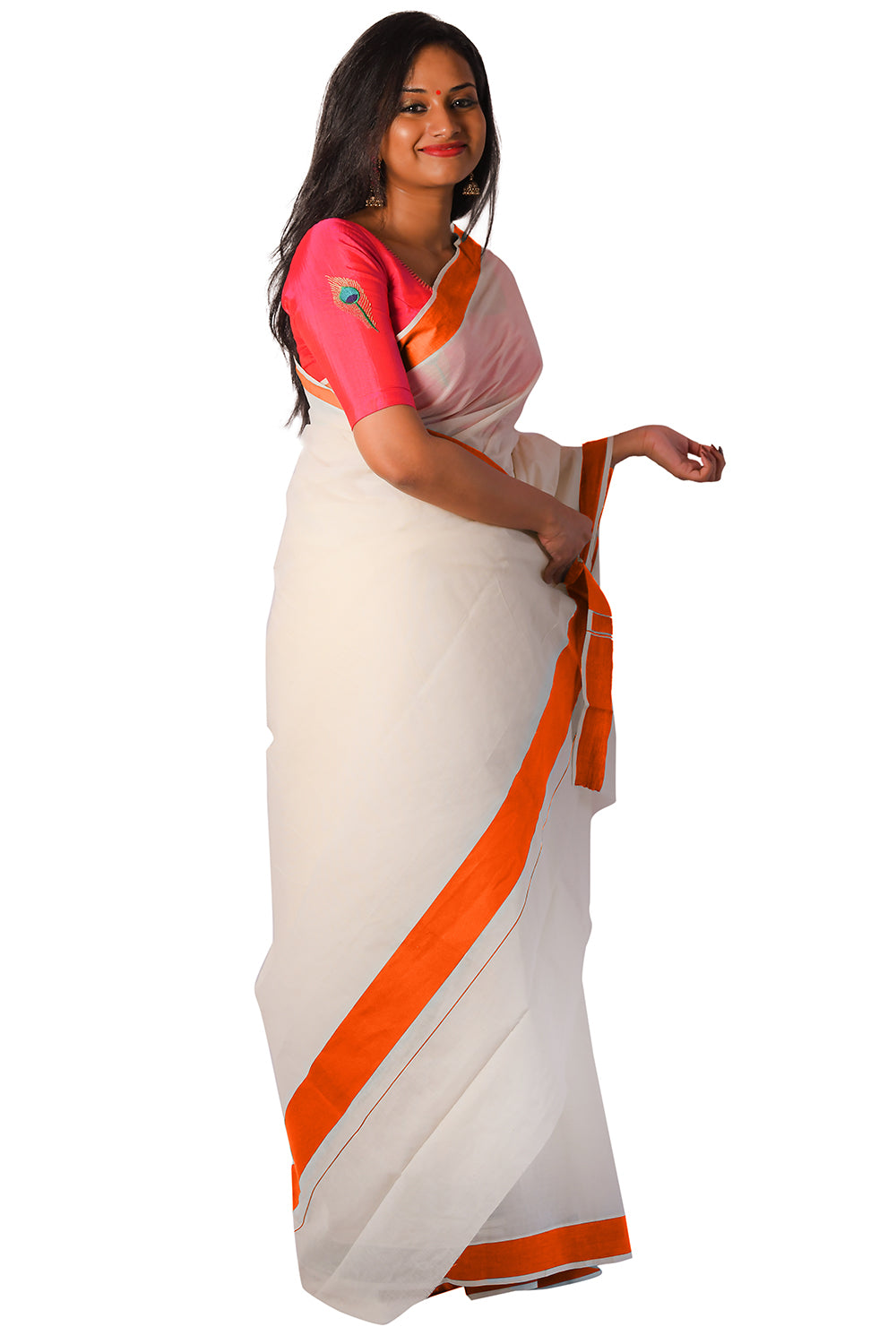 Pure Cotton Kerala Saree with Orange Plain Border