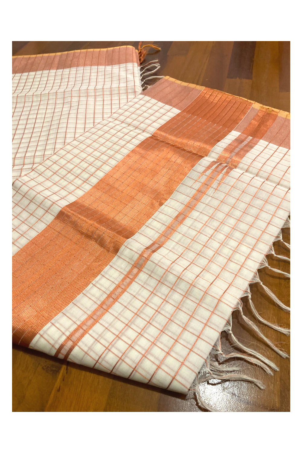 Southloom™ Handloom Kerala Premium Saree with Copper Kasavu Check Design Body