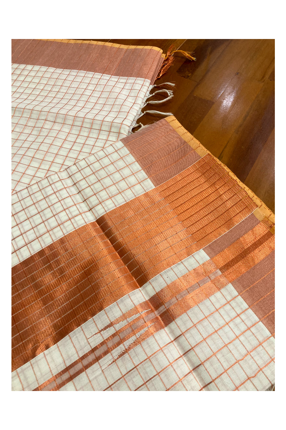 Southloom™ Handloom Kerala Premium Saree with Copper Kasavu Check Design Body