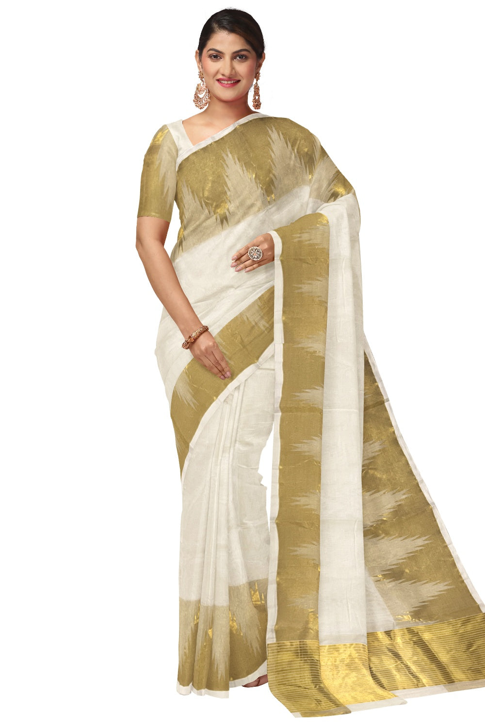Southloom™ Original Handloom Kasavu Cotton Saree with Unique Temple De