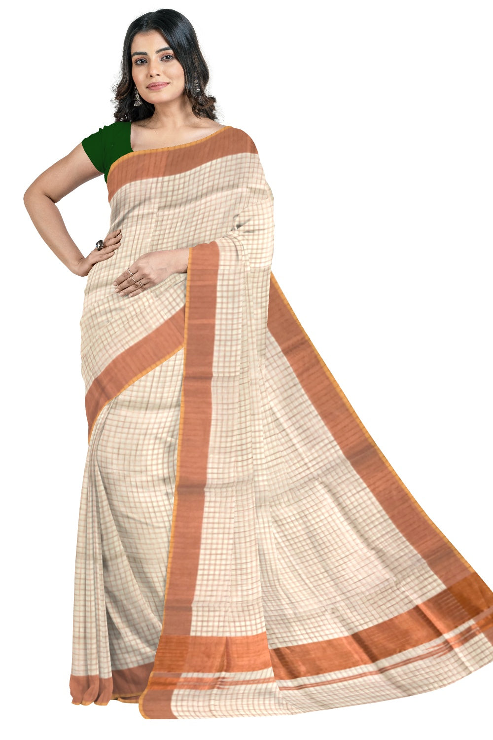 Southloom™ Handloom Kerala Premium Saree with Copper Kasavu Check Design Body