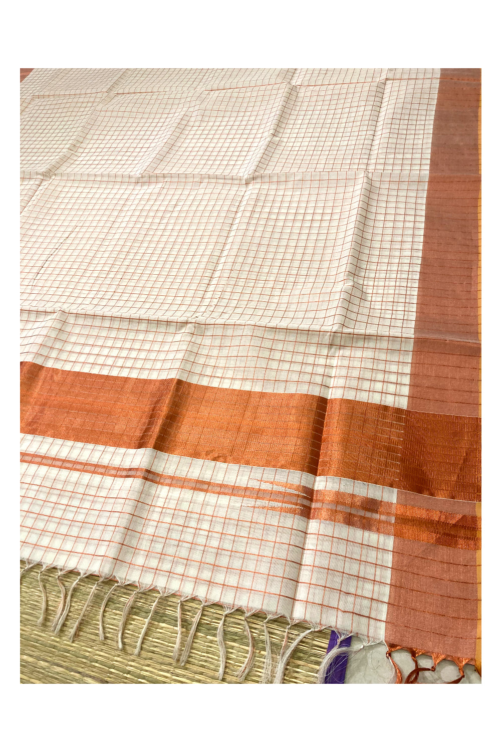 Southloom™ Handloom Kerala Premium Saree with Copper Kasavu Check Design Body