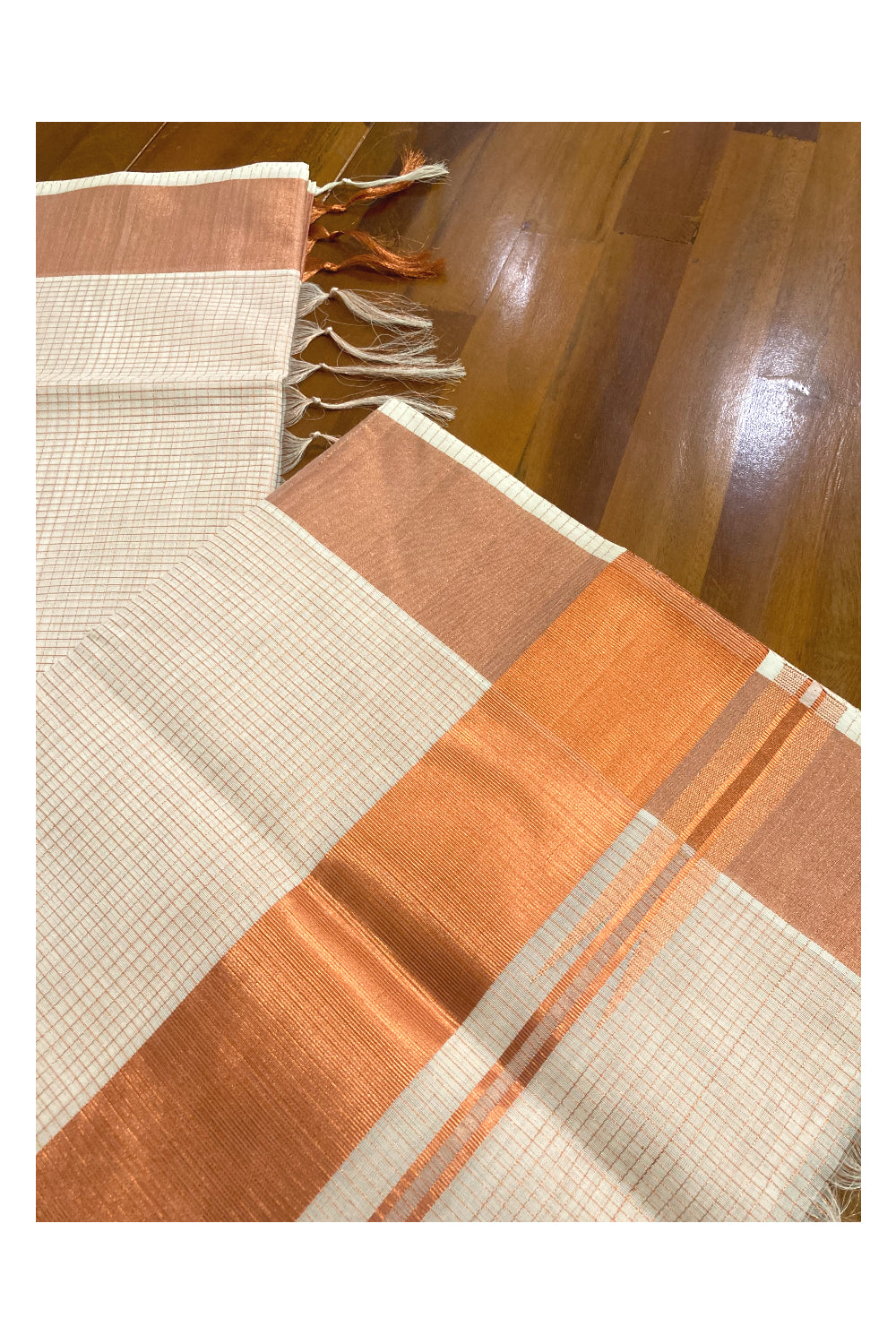 Southloom™ Handloom Kerala Premium Saree with Copper Kasavu Micro Check Design Body