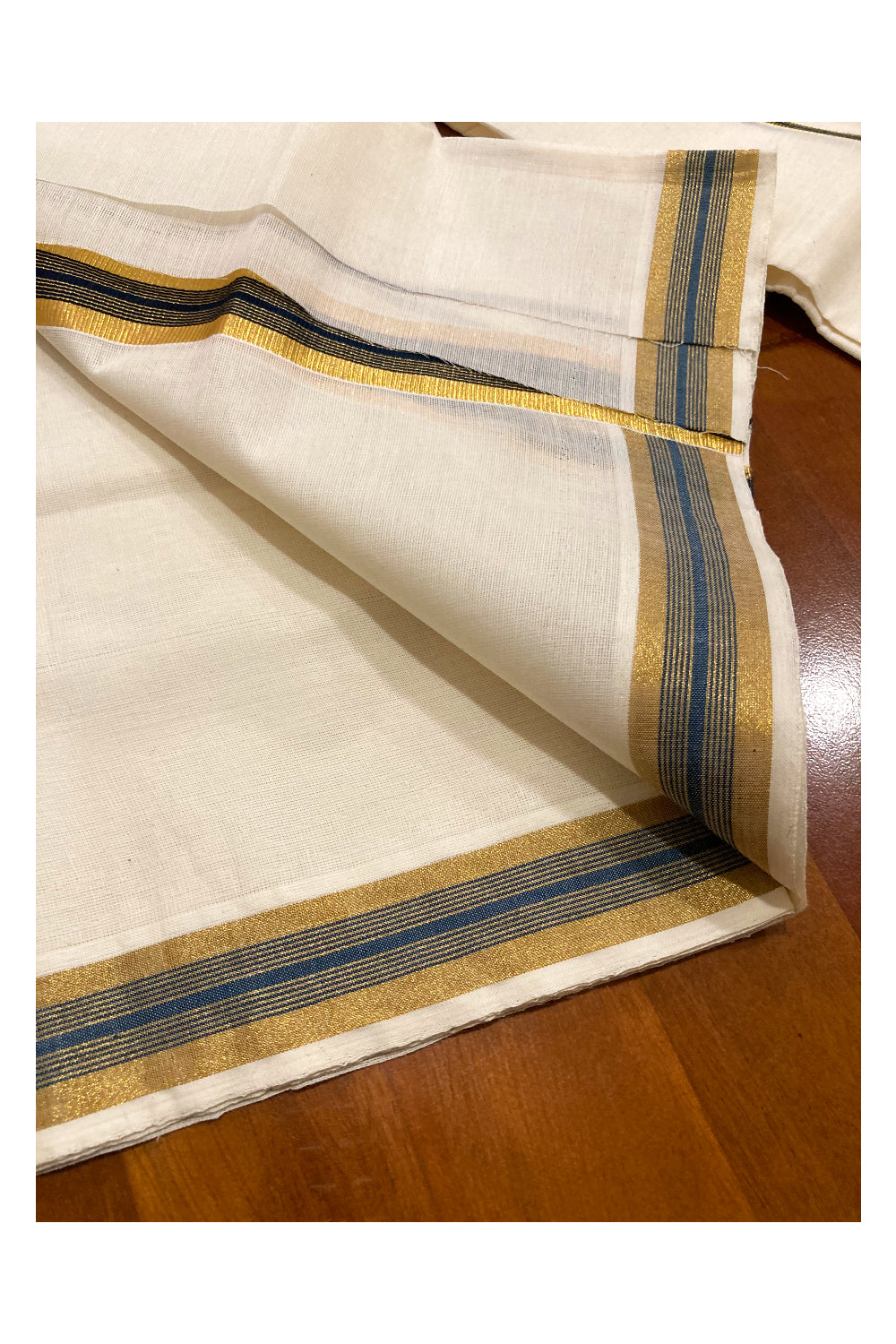 Southloom Pure Cotton Kerala Single Set Mundu (Mundum Neriyathum) with Navy Blue and 1 inch Kasavu Border 2.80 Mtrs