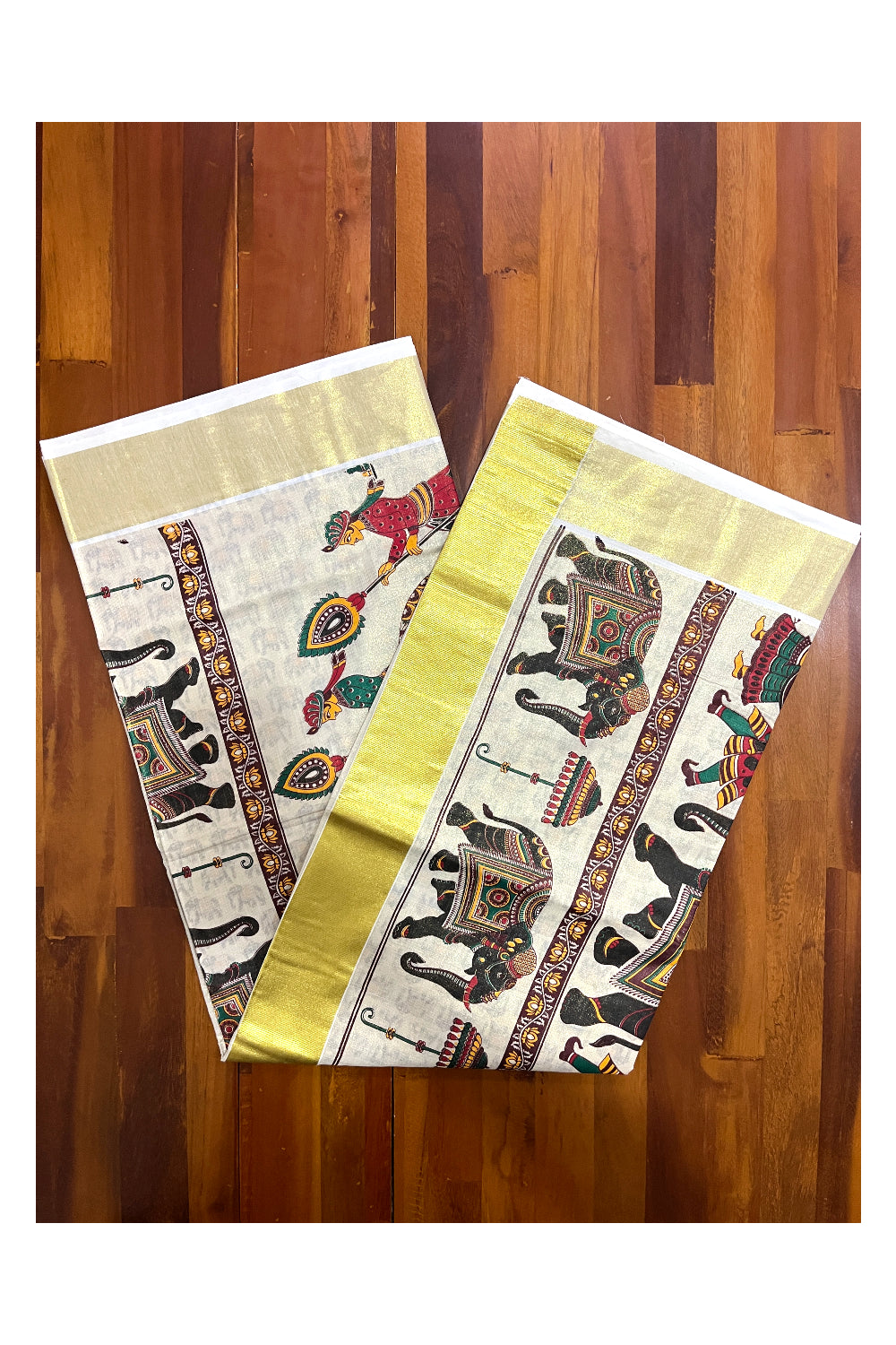 Kerala Tissue Kasavu Saree With Mural Festival Parasol and Elephant Design