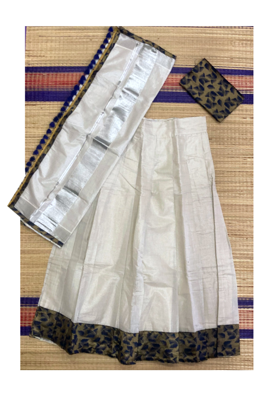 Semi Stitched Dhavani Set with Silver Tissue Pavada and Navy Blue ...