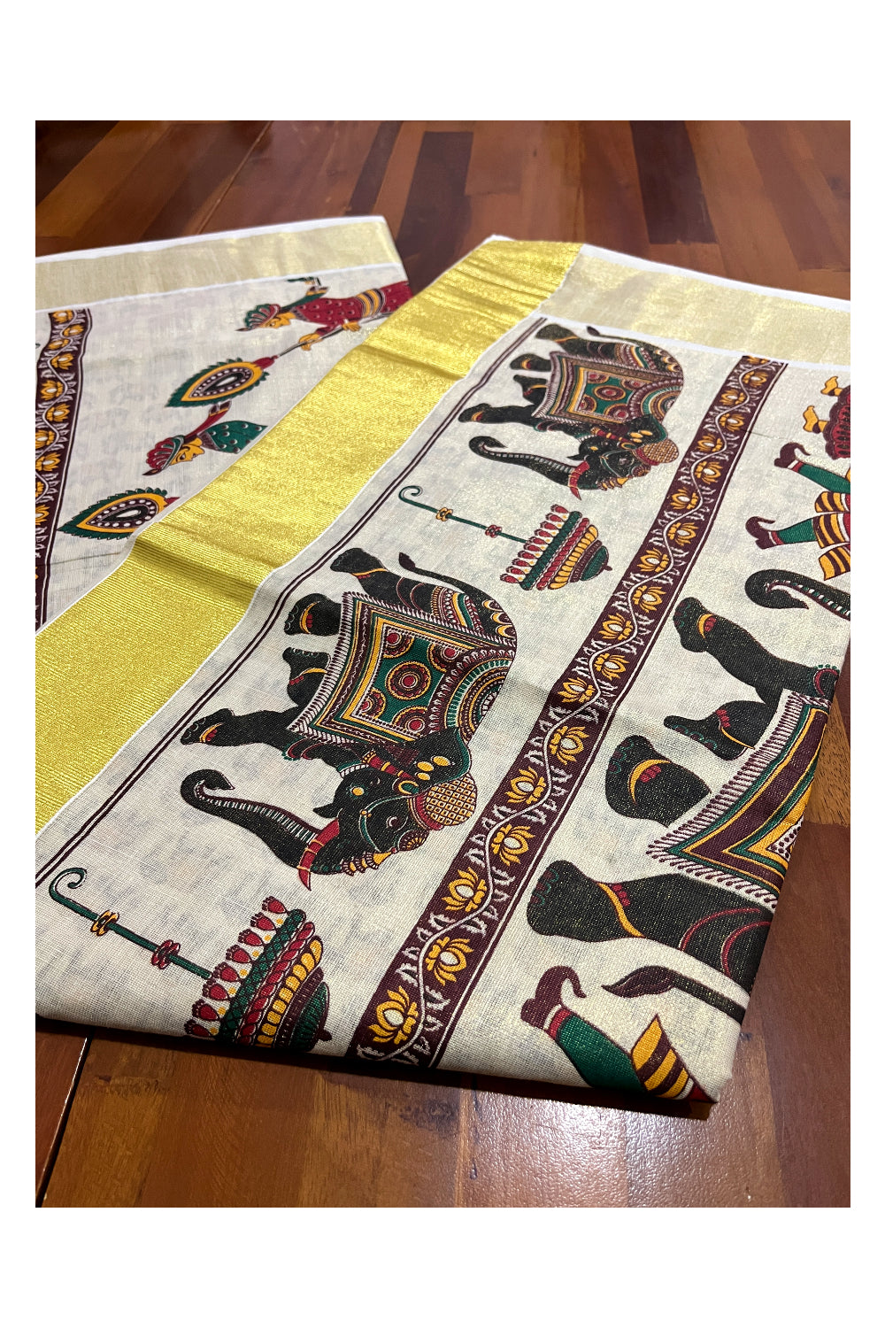 Kerala Tissue Kasavu Saree With Mural Festival Parasol and Elephant Design