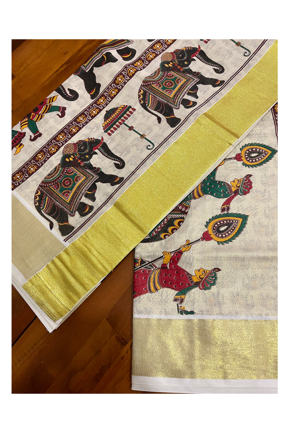 Kerala Tissue Kasavu Saree With Mural Festival Parasol and Elephant Design