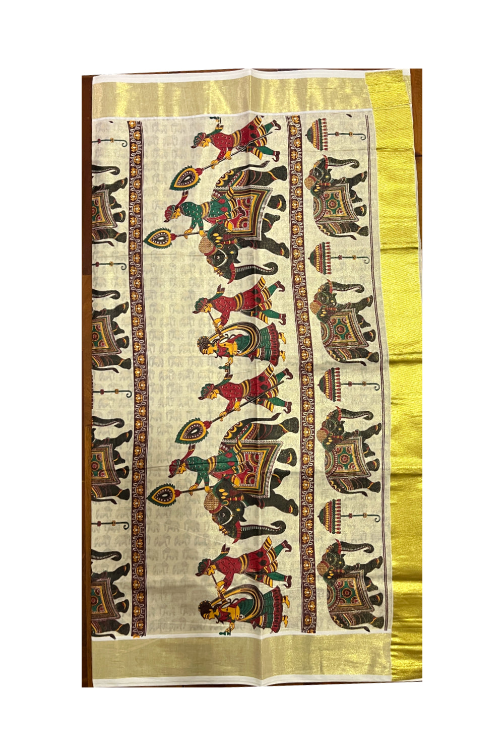 Kerala Tissue Kasavu Saree With Mural Festival Parasol and Elephant Design