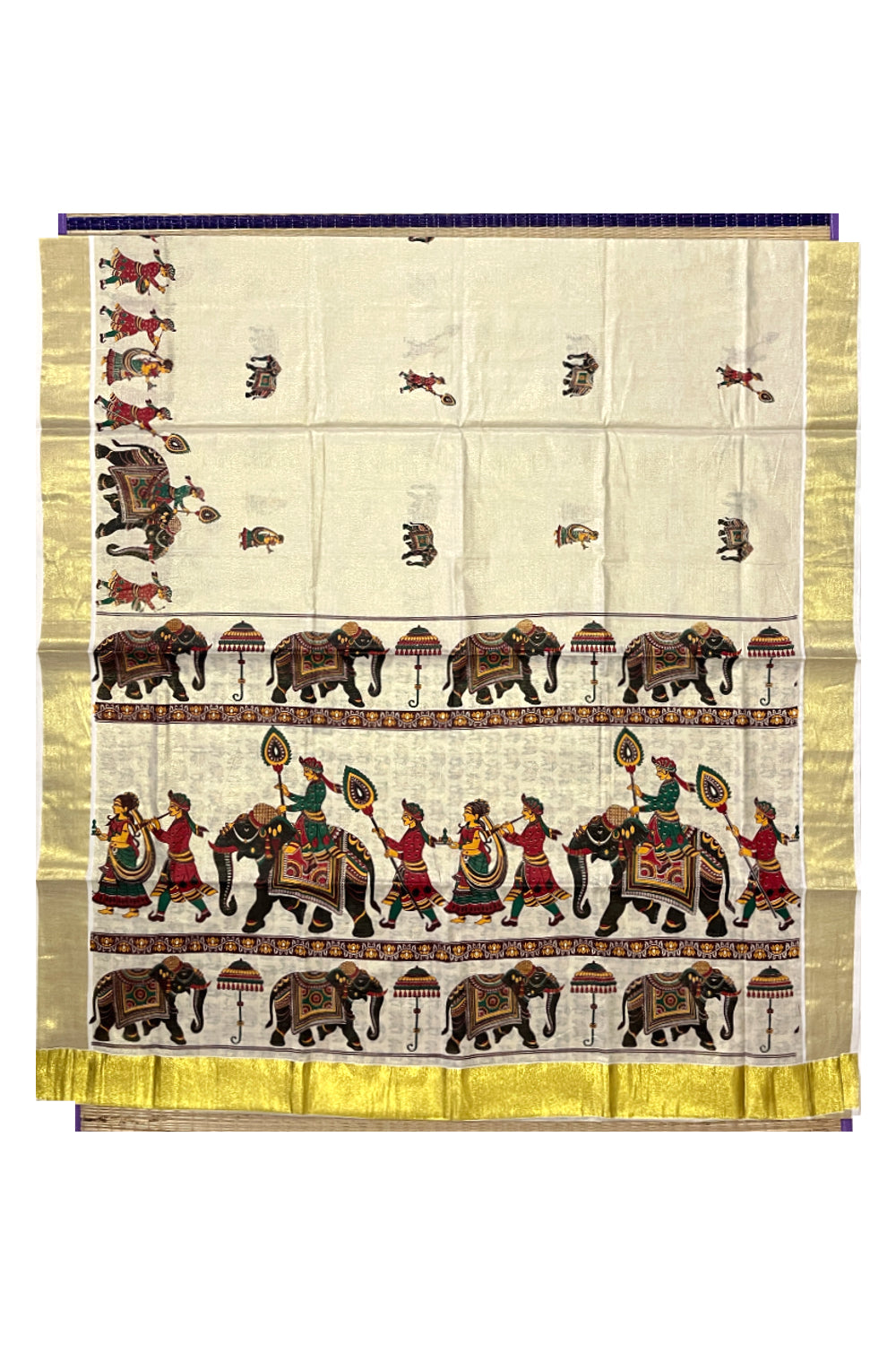 Kerala Tissue Kasavu Saree With Mural Festival Parasol and Elephant Design