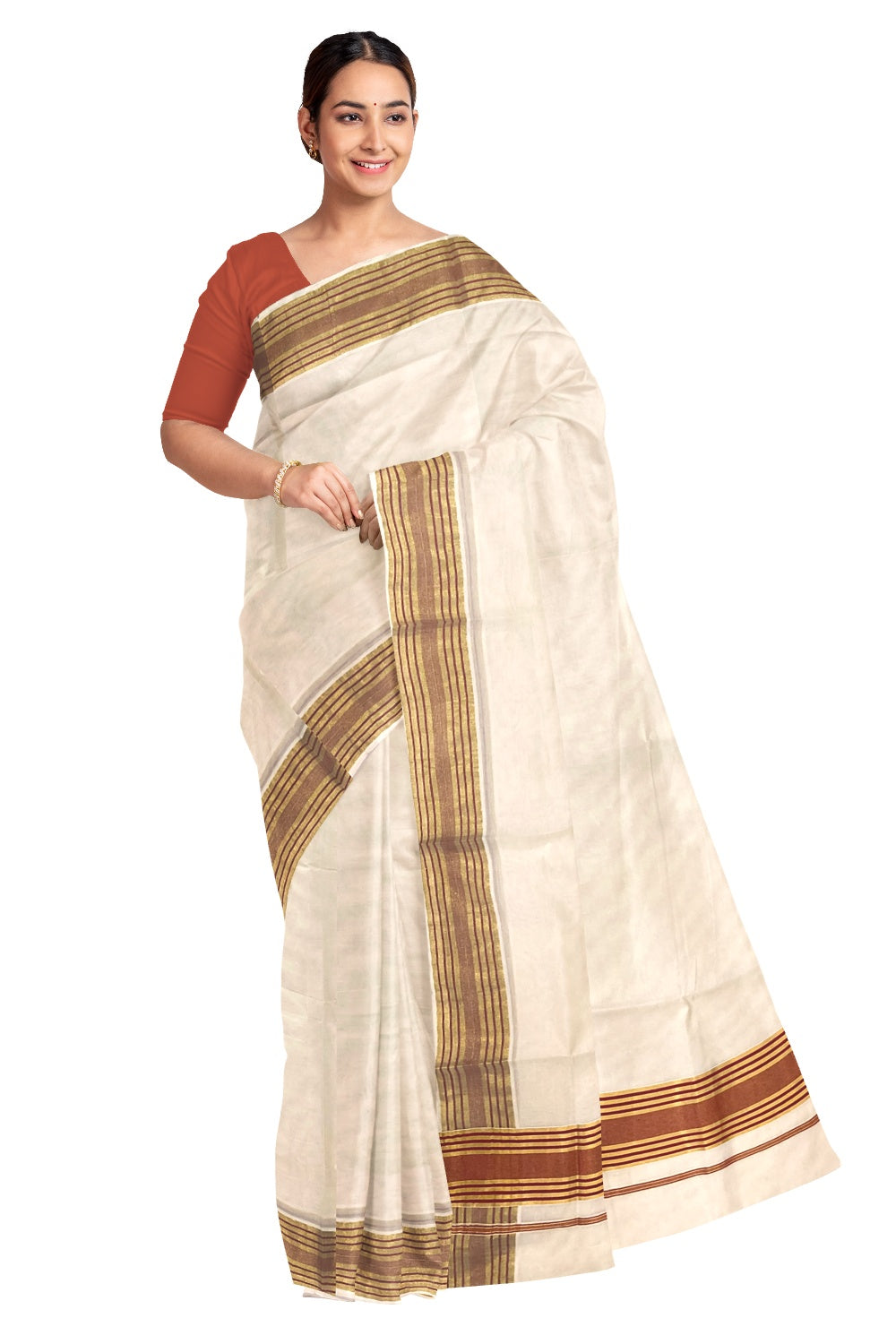 Kerala Pure Cotton Plain Saree with Kasavu and Maroon Border