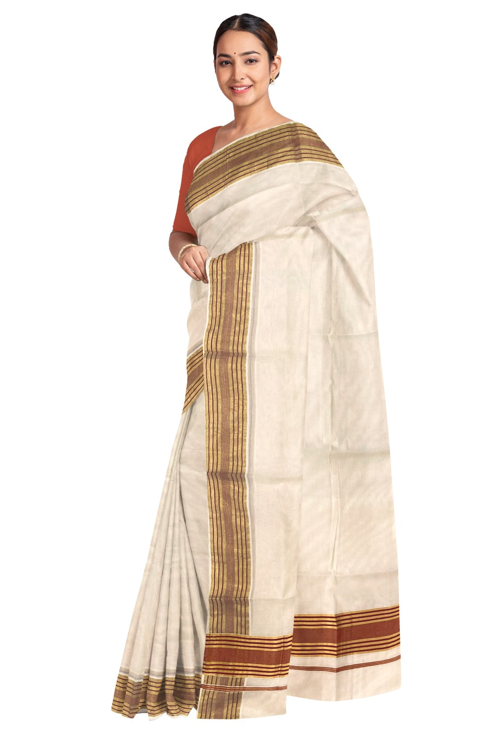 Kerala Pure Cotton Plain Saree with Kasavu and Maroon Border