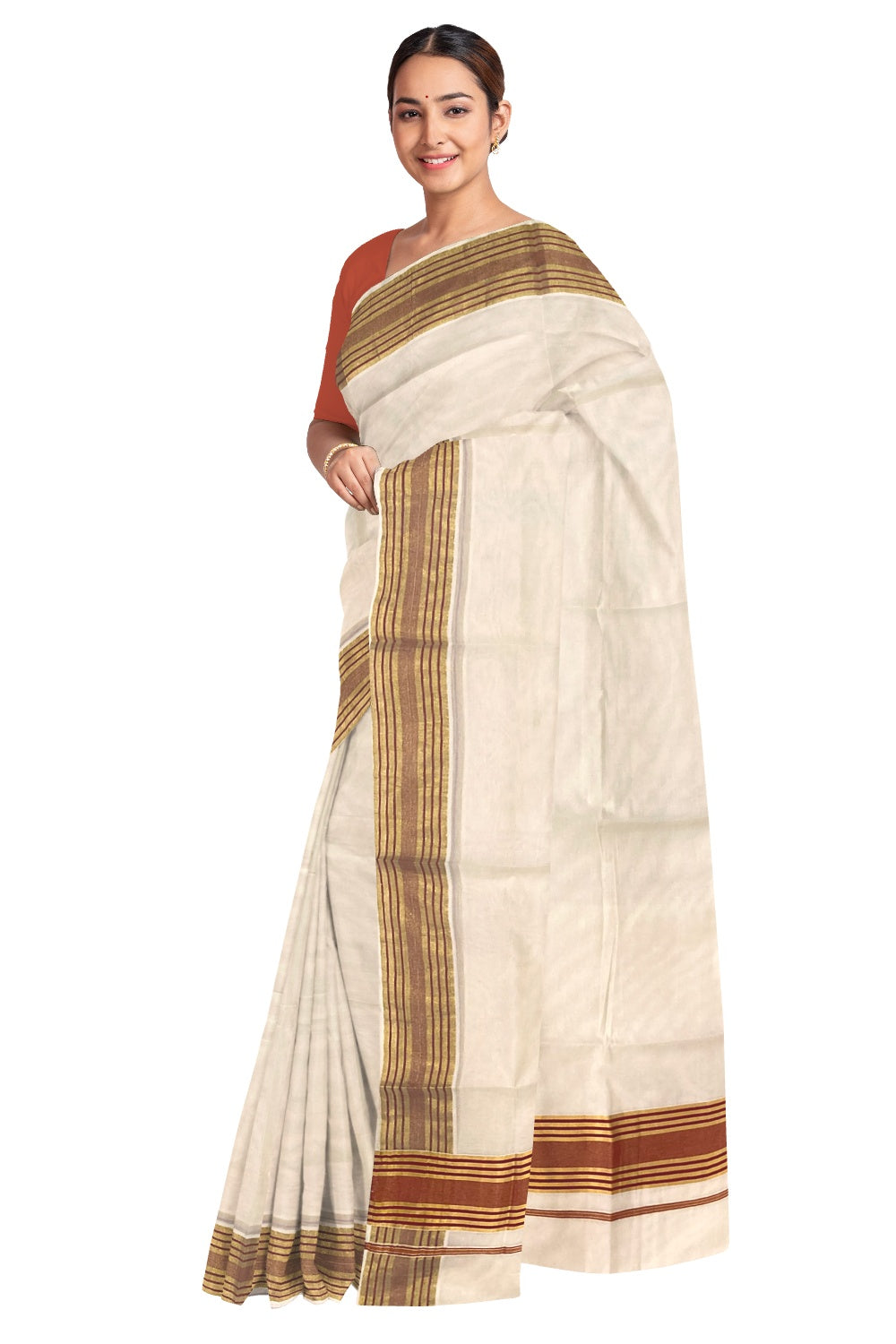 Kerala Pure Cotton Plain Saree with Kasavu and Maroon Border