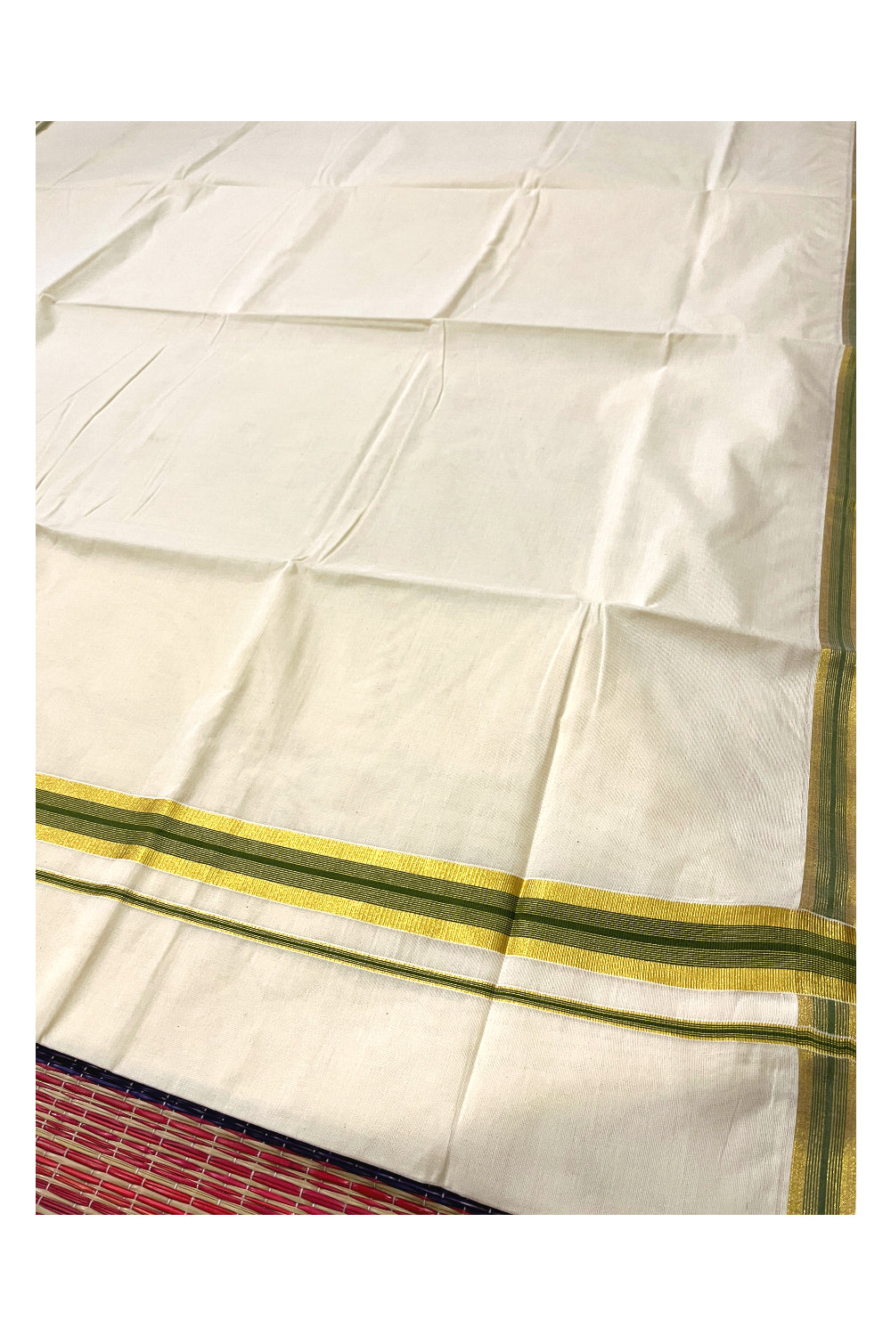 Kerala Pure Cotton Plain Saree with Kasavu and OliveGreen Border