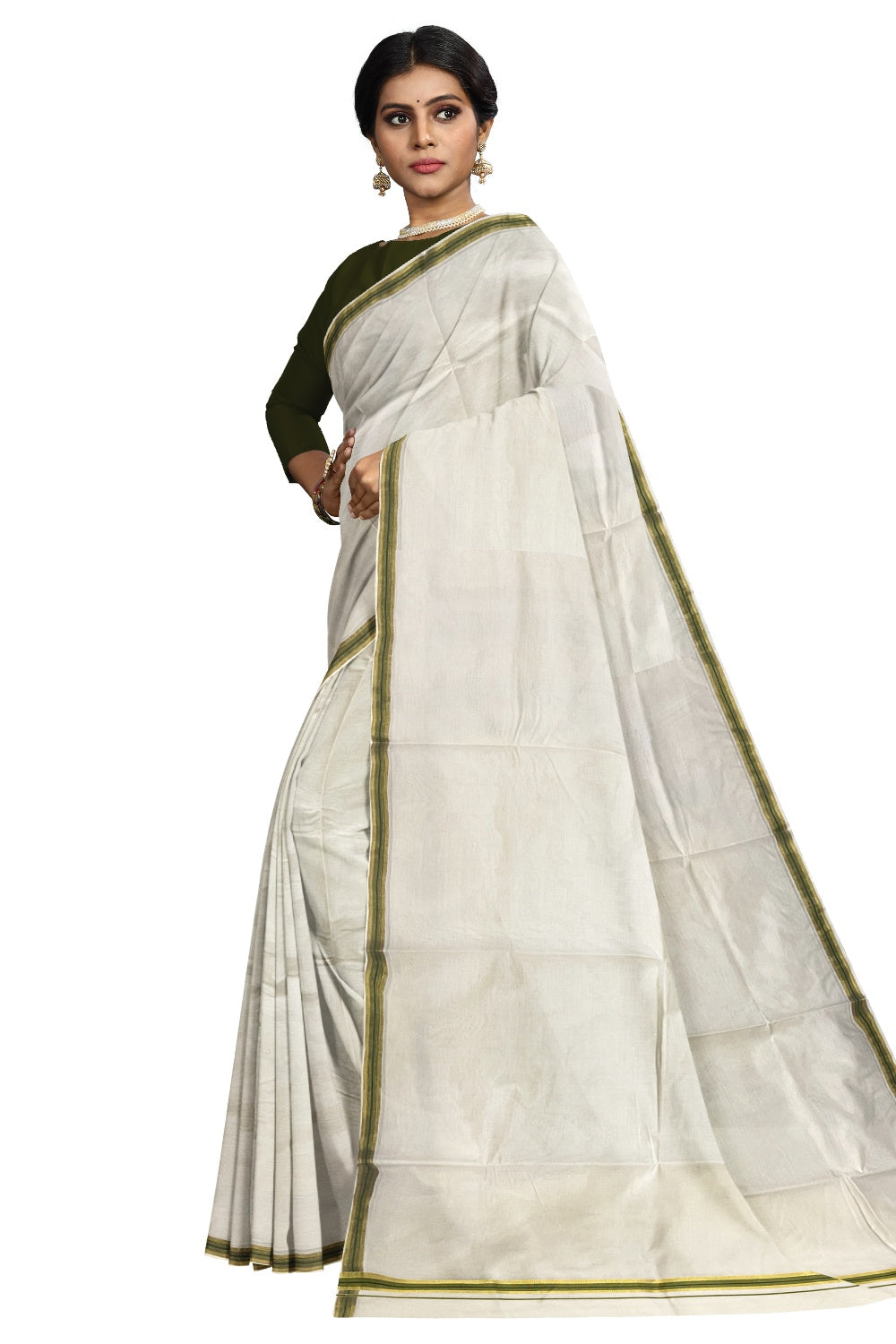 Kerala Pure Cotton Plain Saree with Kasavu and OliveGreen Border