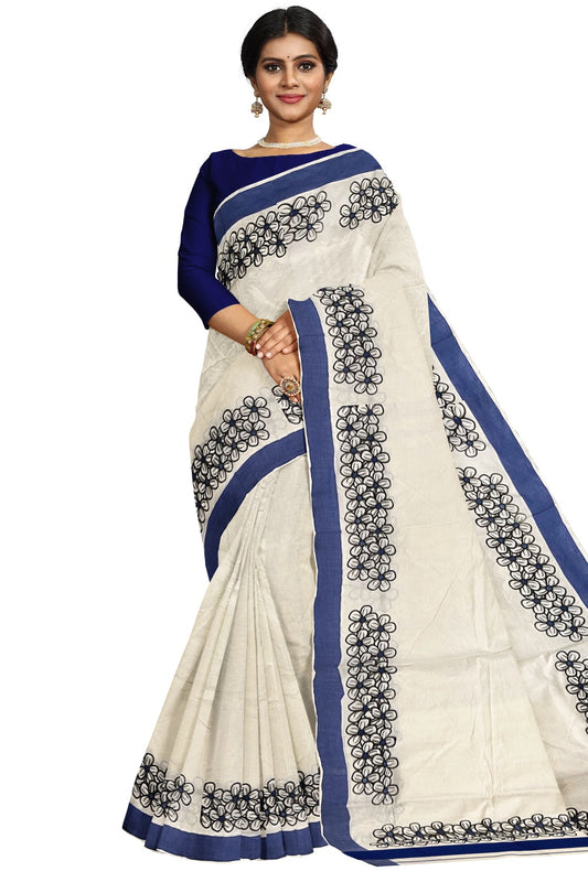 Pure Cotton Kerala Saree with Black Floral Block Prints and Blue Border