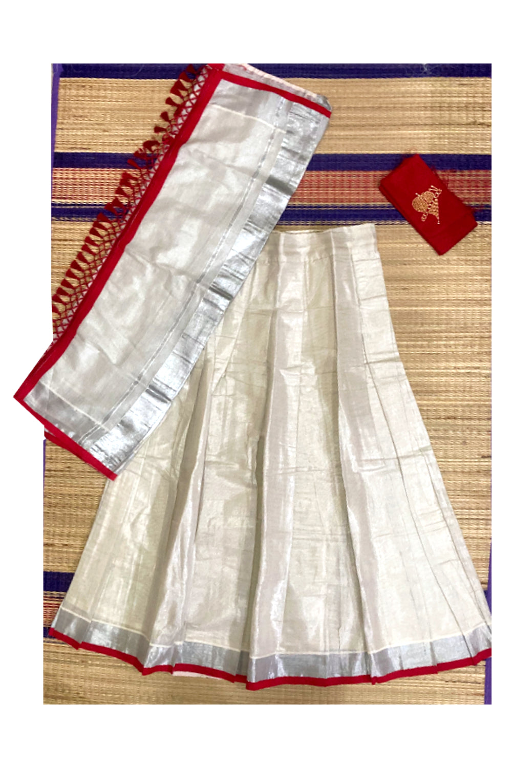 Semi Stitched Dhavani Set with Silver Tissue Pavada and Red Bead ...