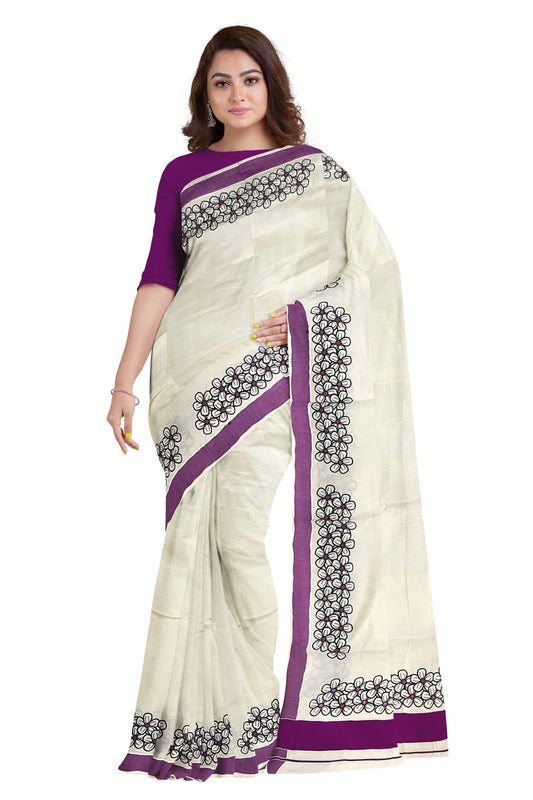 Pure Cotton Kerala Saree with Black Floral Block Prints and Magenta Border