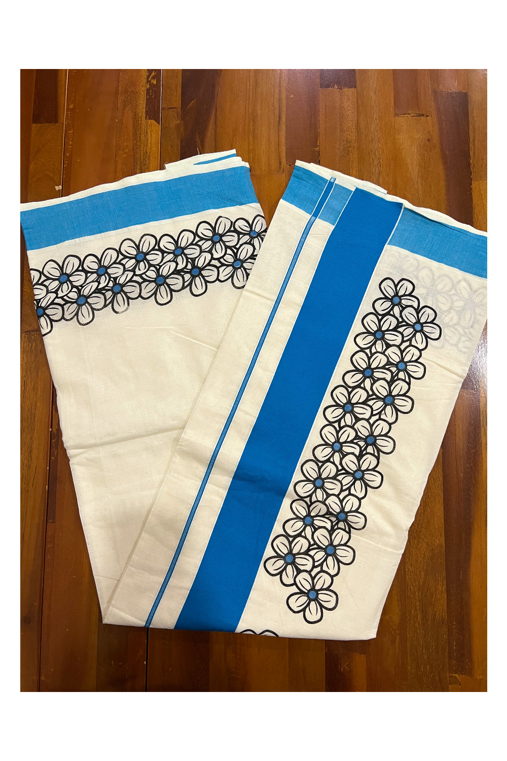 Southloom Kerala Saree with Black Floral Block Prints and Blue Border