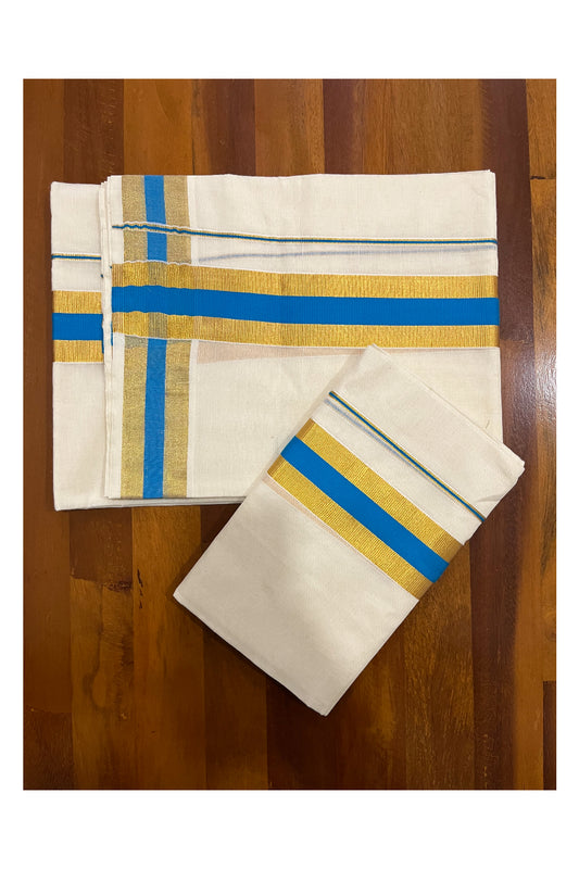 Southloom Kerala Cotton Mundum Neriyathum Single (Set Mundu) with Blue and Kasavu Border 2.80 Mtrs SLKK