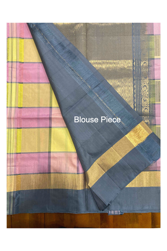 Southloom Handloom Pure Silk Kanchipuram Saree in Yellow Violet Check Box Design