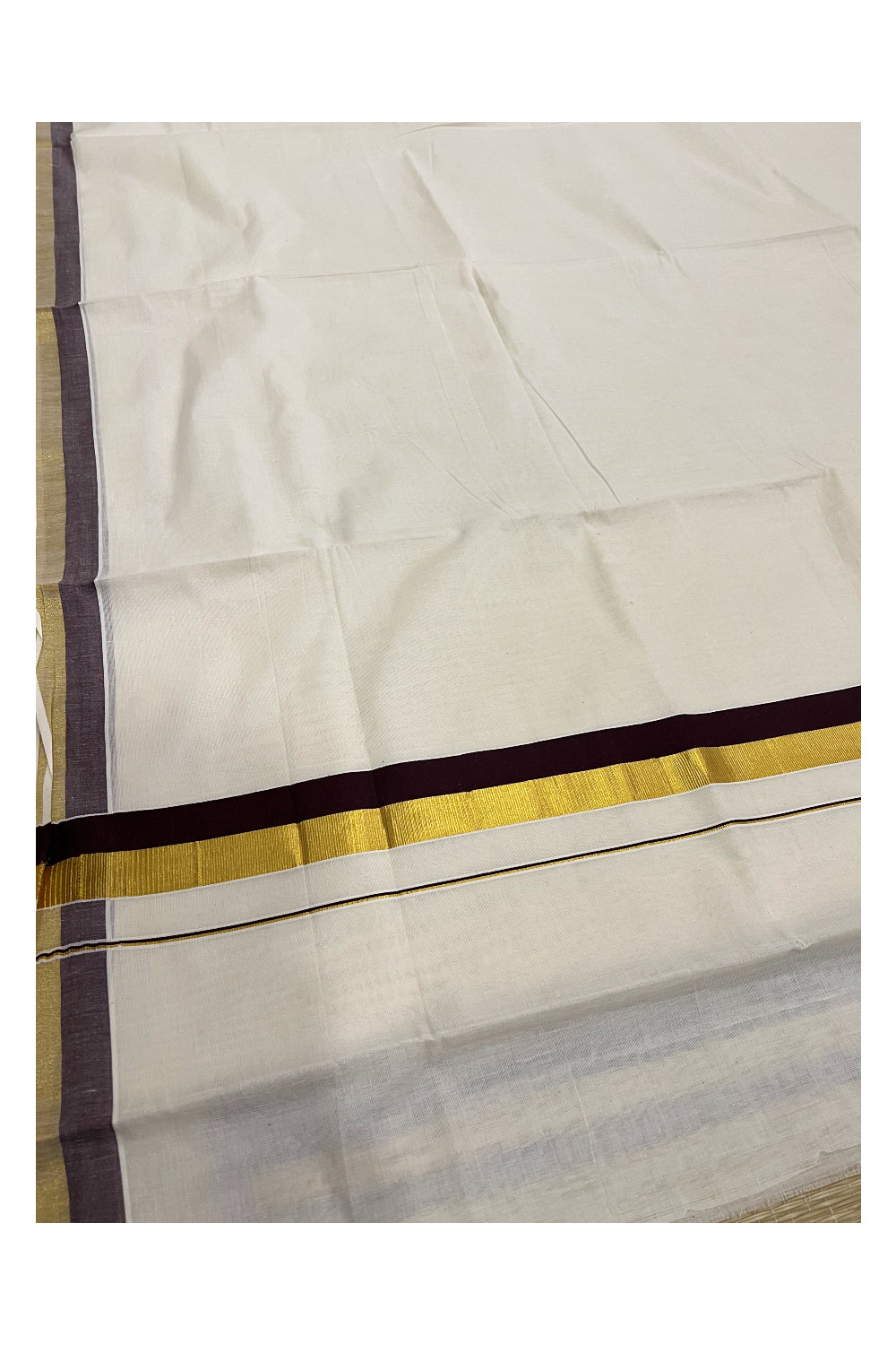 Kerala Pure Cotton Plain Saree with Kasavu Brown 2 inch Border and Pallu