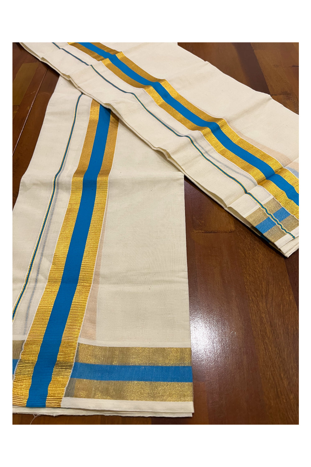 Southloom Kerala Cotton Mundum Neriyathum Single (Set Mundu) with Blue and Kasavu Border 2.80 Mtrs SLKK
