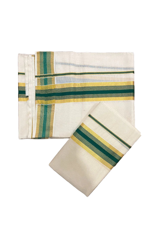 Southloom Kerala Cotton Mundum Neriyathum Single (Set Mundu) with Green and Kasavu Border 2.80 Mtrs SLKK