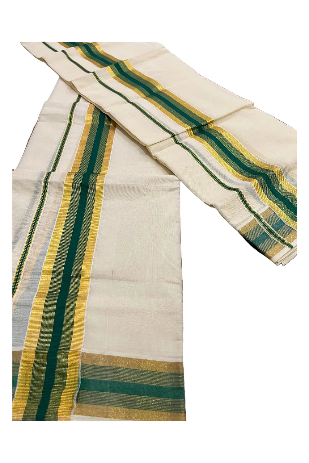 Southloom Kerala Cotton Mundum Neriyathum Single (Set Mundu) with Green and Kasavu Border 2.80 Mtrs SLKK