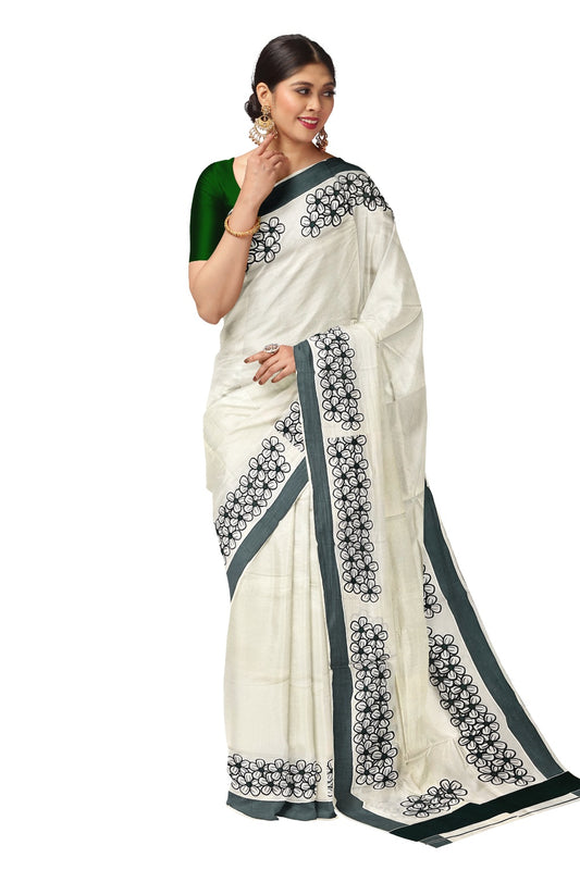 Pure Cotton Kerala Saree with Black Floral Block Prints and Dark Green Border