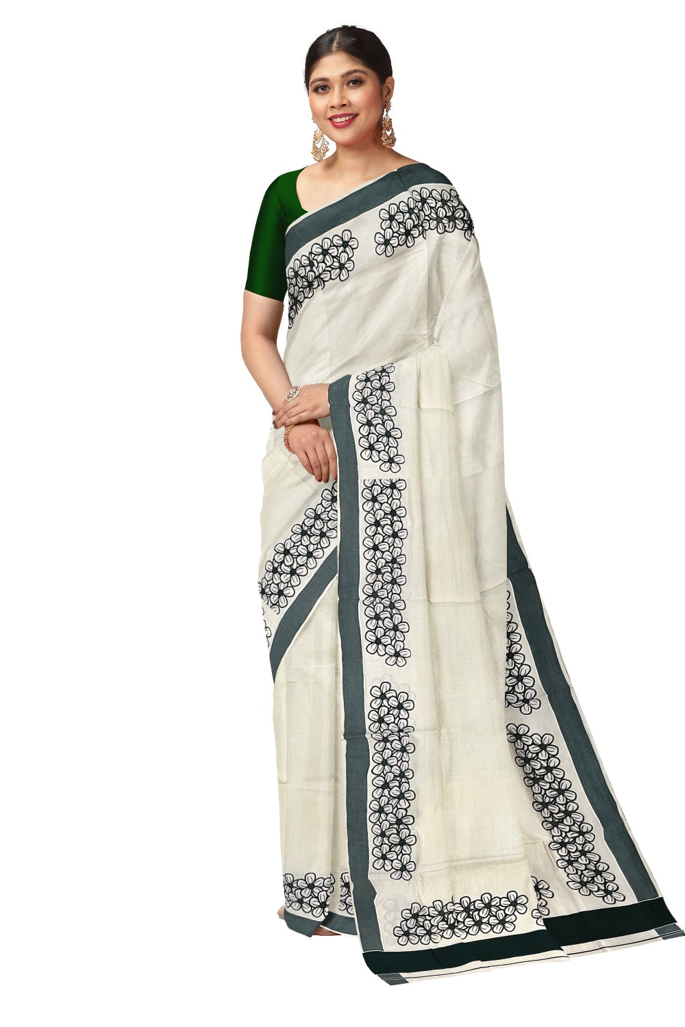 Pure Cotton Kerala Saree with Black Floral Block Prints and Dark Green Border